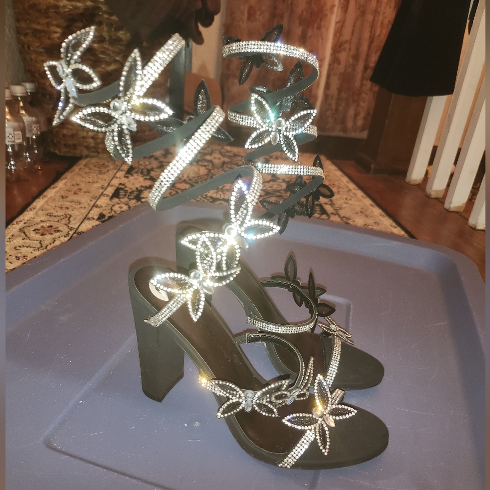 Wild Diva Black Heels with Rhinestone Butterflies